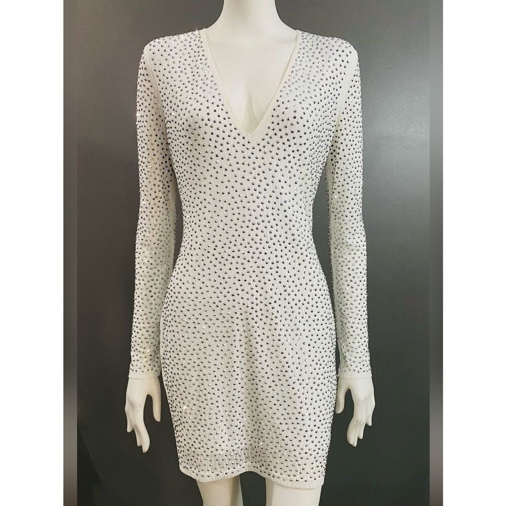 Windsor WhiteโLong-Sleeve V-Neck Rhinestone Embellished Mini Dress Size Xl